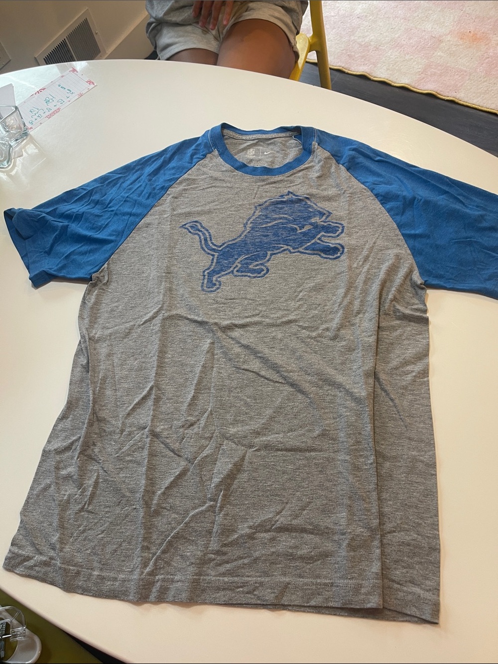 Gray and Blue Raglan Short Sleeve Tee with Detroit Lions Graphic